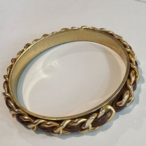 Gold Tone Chain & Brown Leather Bangle Bracelet – Classic Equestrian Style